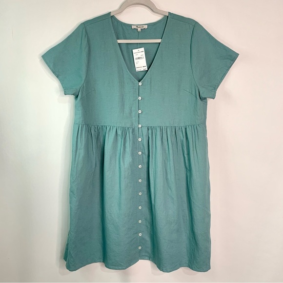 NEW Madewell Alexandra V-Neck Button Front Linen Blend Mini Dress Size L Teal - Picture 3 of 10